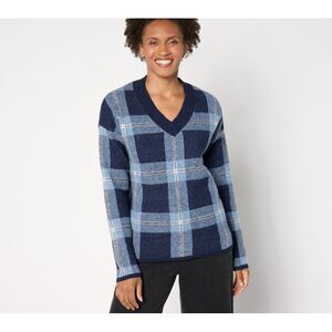 Anybody Women's Top Plus Sz Sweater 5X Plaid Intarsia V-Neck Blue A663766
